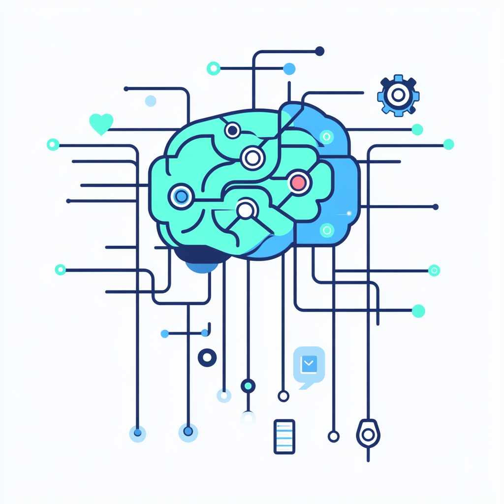 Illustration minimaliste d'une intelligence artificielle optimisant des processus avec des flux de données et des engrenages, symbolisant l'automatisation et l'amélioration des performances en community management.