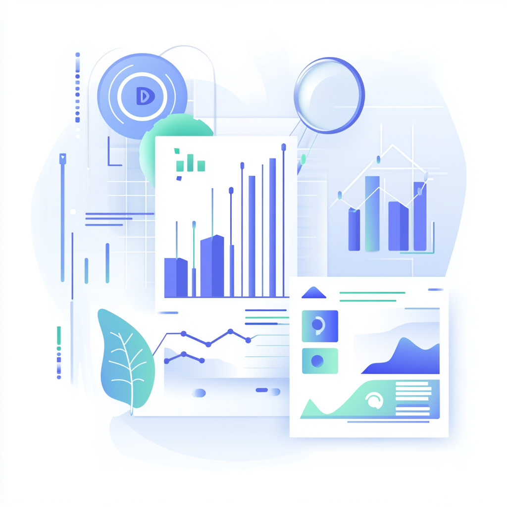 Illustration minimaliste représentant des rapports et analyses de performance avec des graphiques en barres et en lignes, des tableaux de données, et une loupe symbolisant une analyse approfondie des résultats.