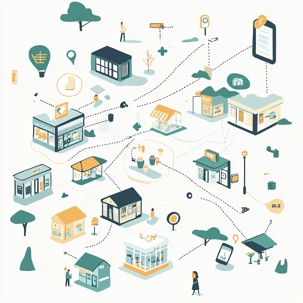 Illustration minimaliste représentant des petites entreprises connectées sur une carte, symbolisant une stratégie personnalisée pour les commerçants et petites entreprises, avec des éléments de communication et de croissance.