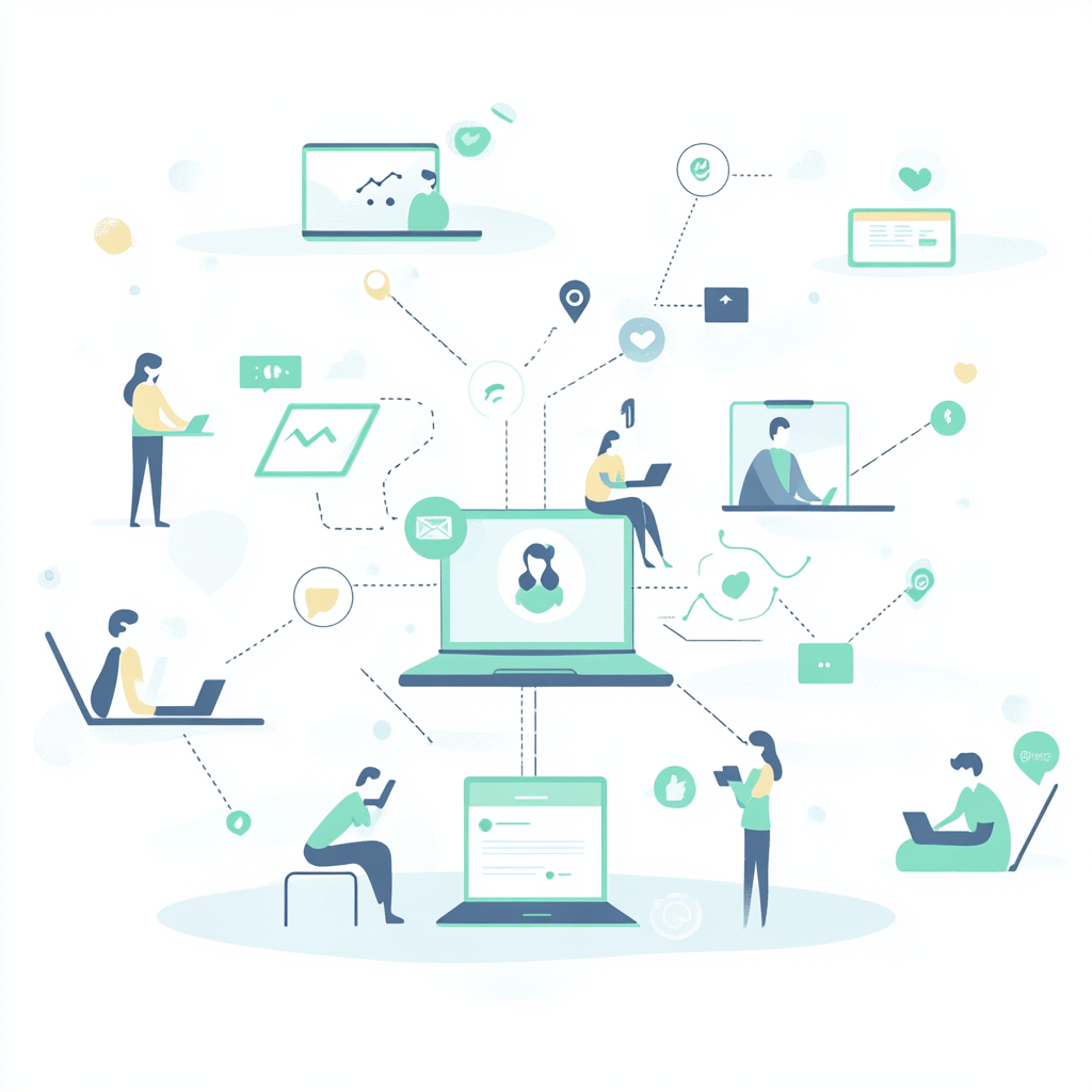 Illustration minimaliste représentant la gestion interconnectée des réseaux sociaux, avec des personnes travaillant sur des ordinateurs, tablettes et smartphones, et des symboles d'engagement comme des cœurs et des graphiques. Convient à la gestion des pages Facebook, Instagram, et LinkedIn.